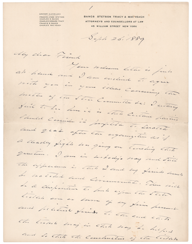 Lot 24 Grover Cleveland Autograph Letter Signed Between Presidential Terms - “I want to see the democracy of this state triumphant”