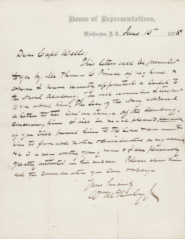 Lot 42 William McKinley Autograph Letter Signed Recommending a Naval Academy Cadet