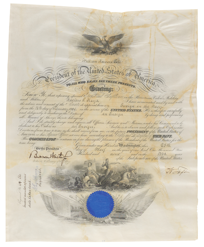 Lot 59 William H. Taft Document Signed as President, Appointing an Ensign in the Navy