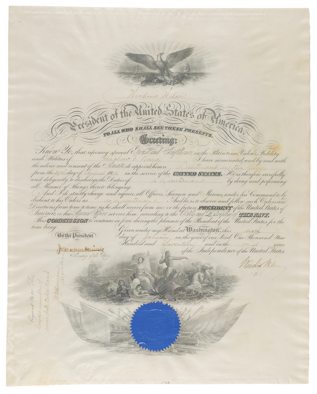 Lot 69 Woodrow Wilson Document Signed as President, Appointing a Navy Lieutenant