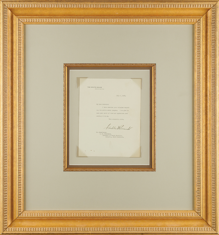 Lot 58 Franklin D. Roosevelt Typed Letter Signed as President to the Governor of South Carolina on a 