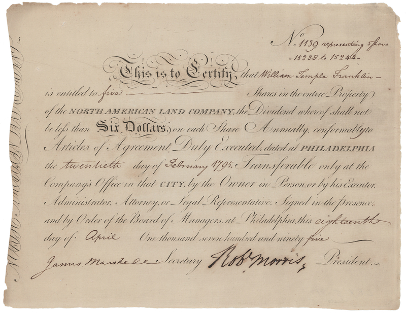 Lot 145 Robert Morris Document Signed, Issuing Shares to Benjamin Franklin's Grandson