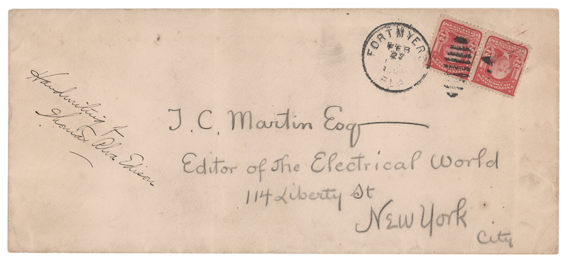 Lot 130 Thomas Edison Hand-Addressed Mailing Envelope (Fort Myers, February 1904)