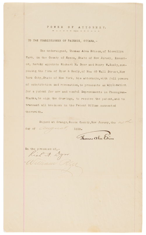 Lot 97 Thomas Edison Signed 1888 Phonograph Patent Power of Attorney for “Improvements in Phonogram-Blanks”