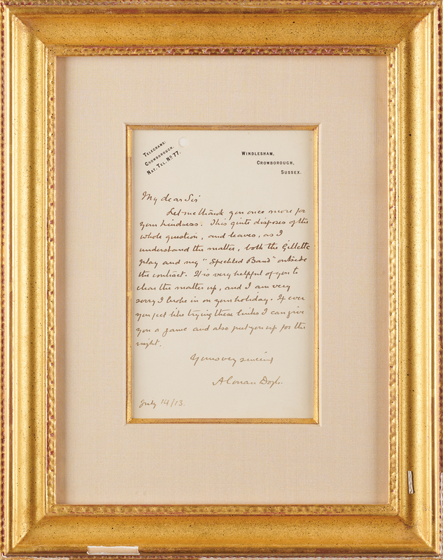 Lot 243 Arthur Conan Doyle Autograph Letter Signed on The Speckled Band, a Stage Adaptation of a Classic Sherlock Holmes Story