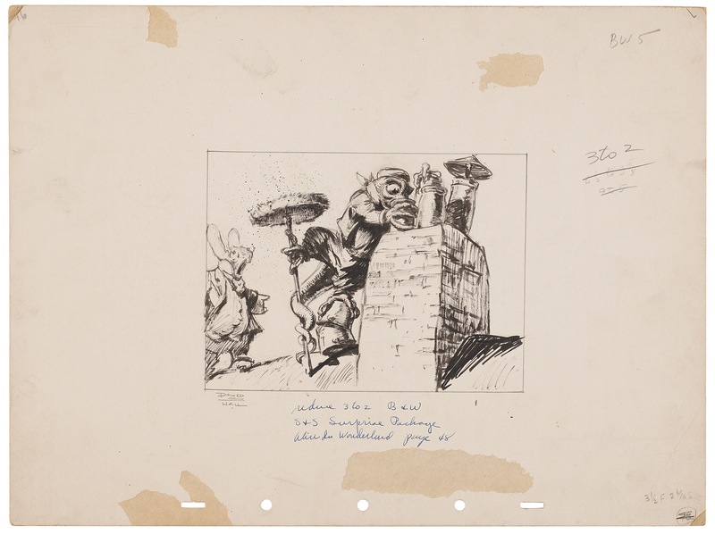 Lot 615 David Hall concept artwork of Bill the Lizard and the White Rabbit from Alice in Wonderland - From Disney's Abandoned 1939 Adaptation, Later Published in the Giant Golden Book Surprise Package