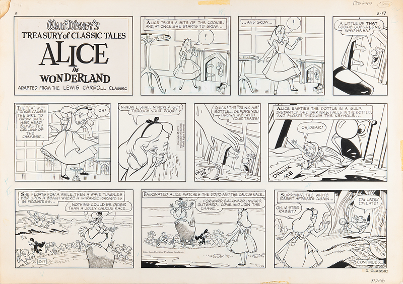 Lot 696 Alice in Wonderland: Original Walt Disney's 'Treasury of Classic Tales' Sunday comic strip artwork by Mike Arens (February 17, 1974)