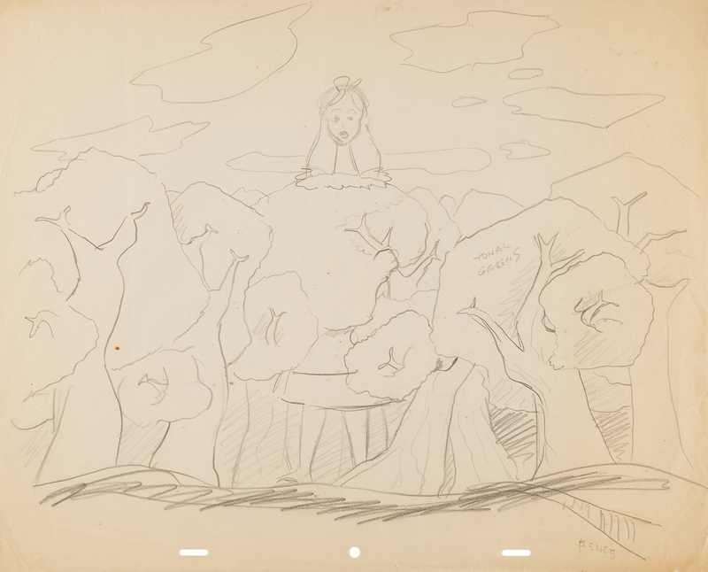 Lot 678 Alice in Tulgey Wood concept drawing from Alice in Wonderland