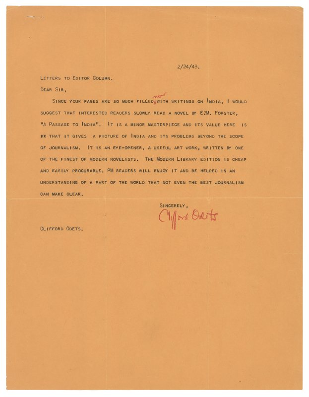 Lot 312 Clifford Odets Typed Letter Signed on E. M. Forster's 'A Passage to India': 