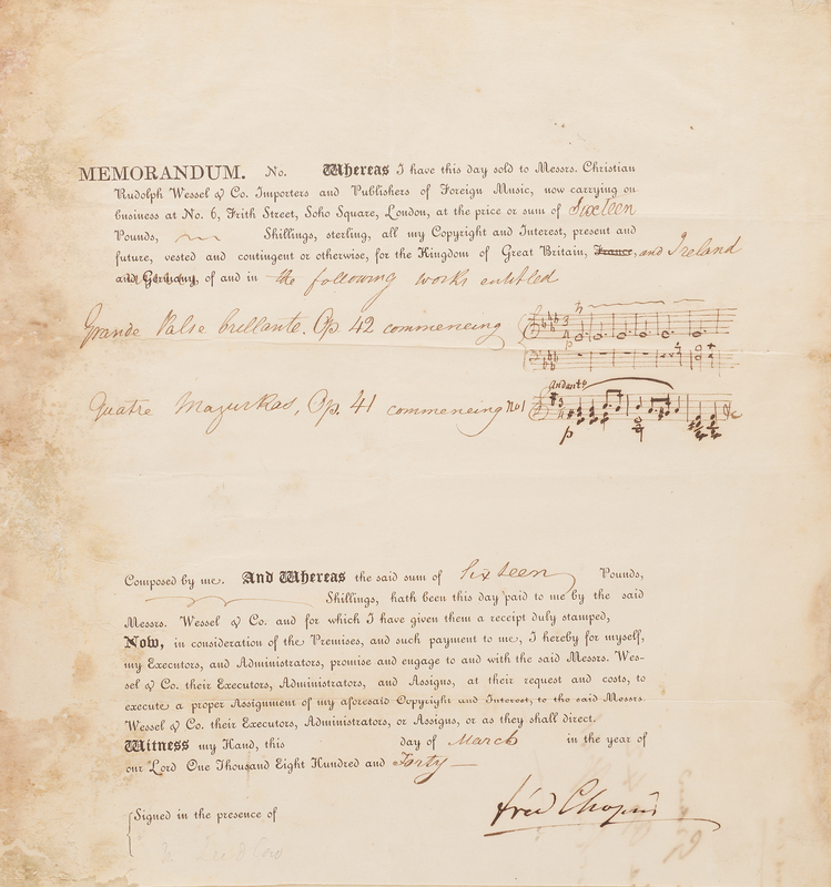 Lot 344 Frederic Chopin Document Signed - Selling Copyrights to 'Quatre Mazurkas, Op. 41' and 'Grande Valse brillante, Op. 42'