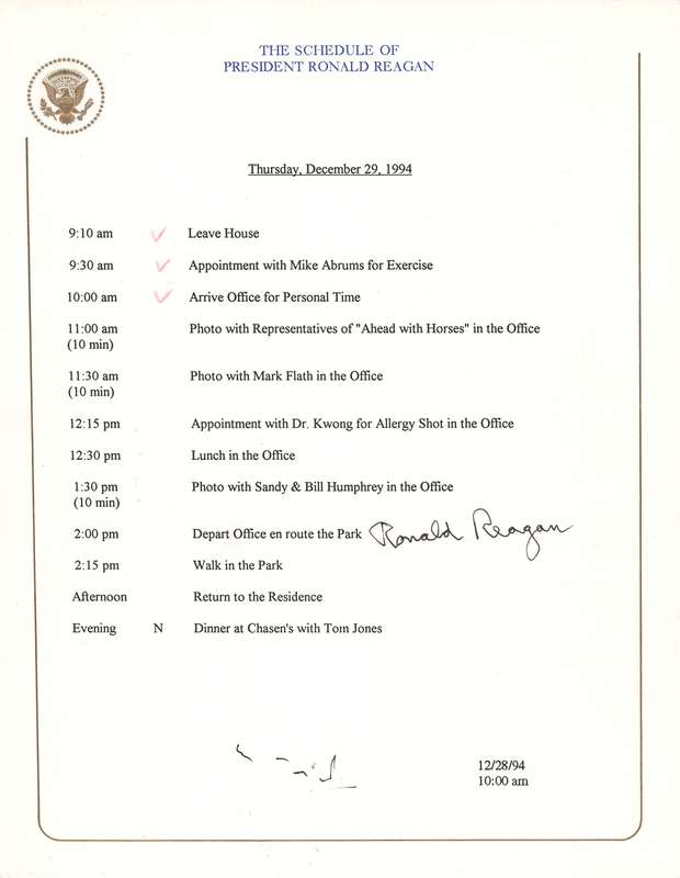 Lot 52 Ronald Reagan Signed Daily Schedule (1994)