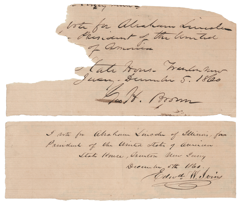 Lot 41 Abraham Lincoln (2) 1860 Presidential Electoral Ballots from New Jersey
