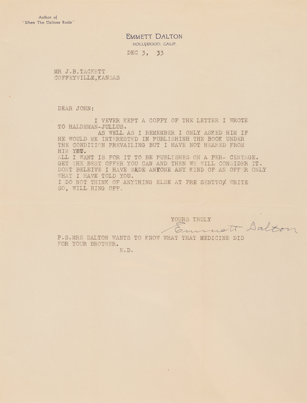Lot 113 Emmett Dalton Typed Letter Signed, Discussing a Book Publication (1933)