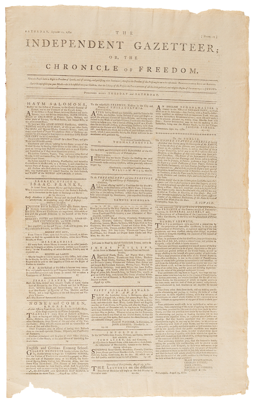 Lot 169 Haym Salomon: Revolutionary War-Era Independent Gazetteer Newspaper, with Advertisements by Salomon, Isaac Franks, and Nones & Cohen (September 21, 1782)