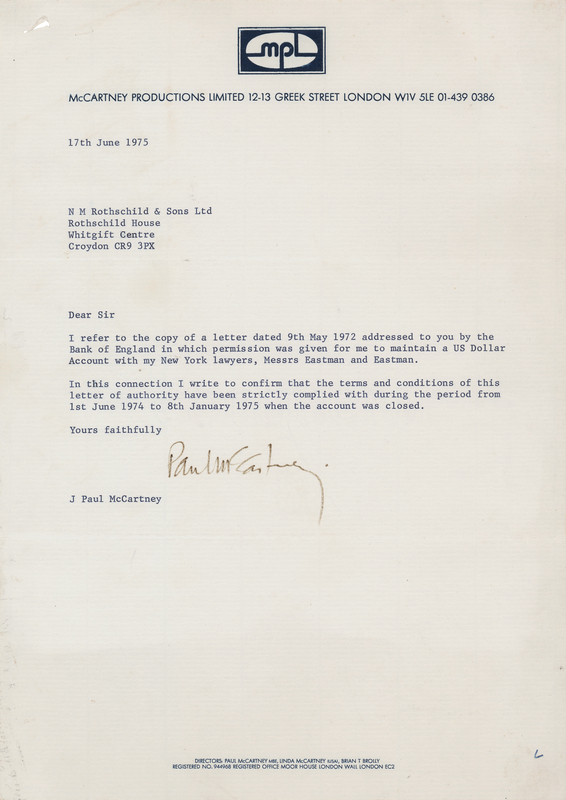 Lot 373 Beatles: Paul McCartney Typed Letter Signed on His U.S. Dollar Account Following the Dissolution of The Beatles & Co.