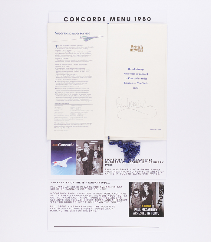 Lot 374 Beatles: Paul McCartney Signed British Airways Concorde In-Flight Menu (January 12, 1980) - Four Days Before His Arrest in Japan