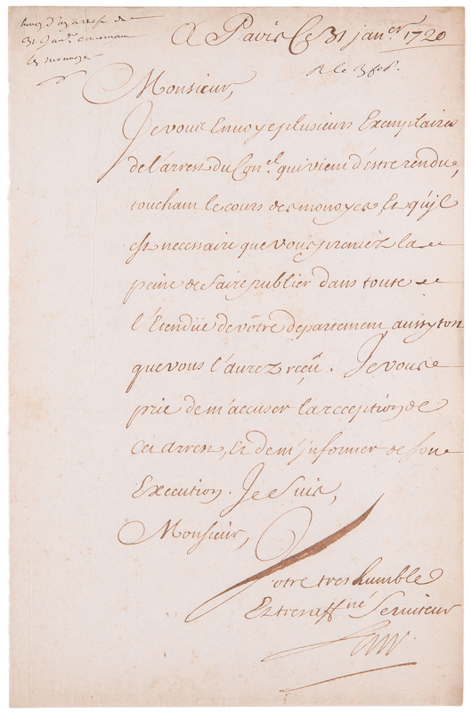 Lot 108 John Law Letter Signed as Controller General of Finances, Regarding French Currency Reform (January 31, 1720)