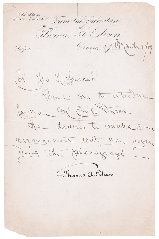 Lot 100 Thomas Edison Letter Signed, Regarding the Commercial Expansion of the Phonograph (March 19, 1889)