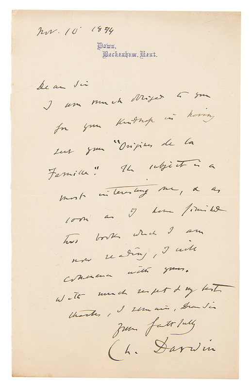 Lot 95 Charles Darwin Autograph Letter Signed on 'Origins of the Family'