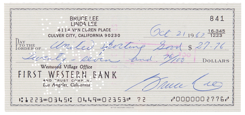 Lot 513 Bruce Lee Filled Out and Signed Check, Purchasing Sporting Goods Three Months After Coining 'Jeet Kune Do' (October 21, 1967)