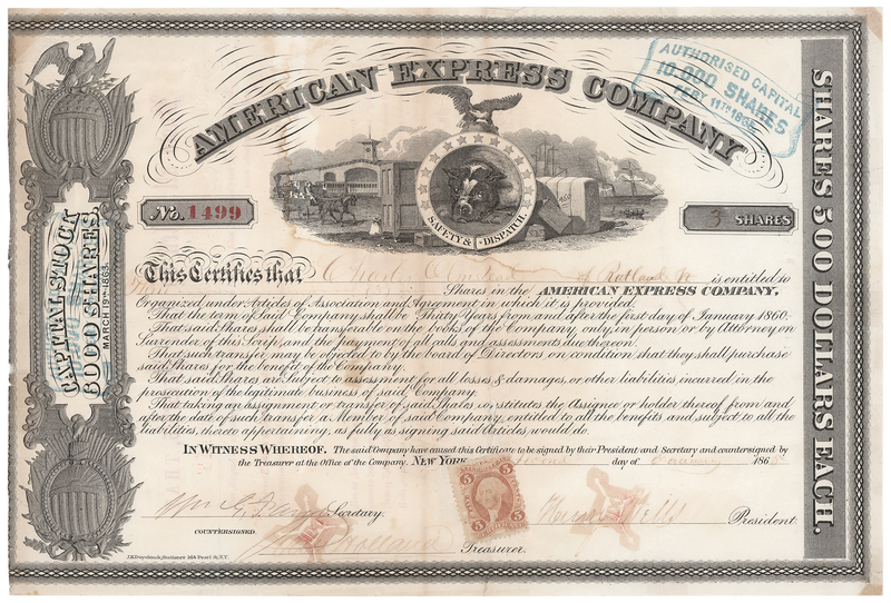 Lot 155 Henry Wells and William Fargo Document Signed - American Express Company Stock Certificate