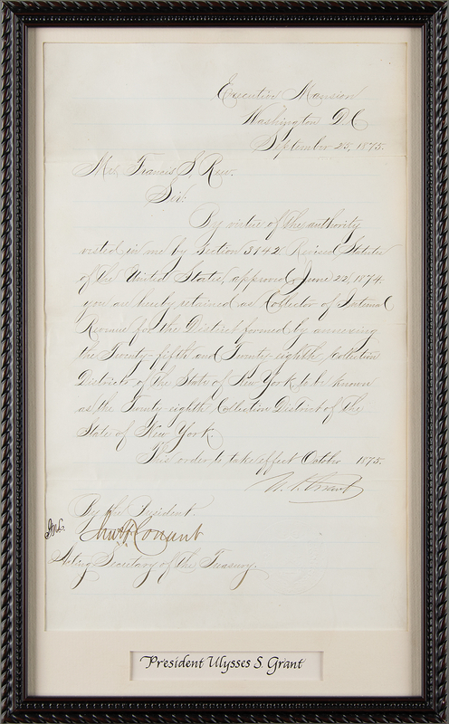 Lot 11 U. S. Grant Letter Signed as President, Retaining a New York Tax Collector