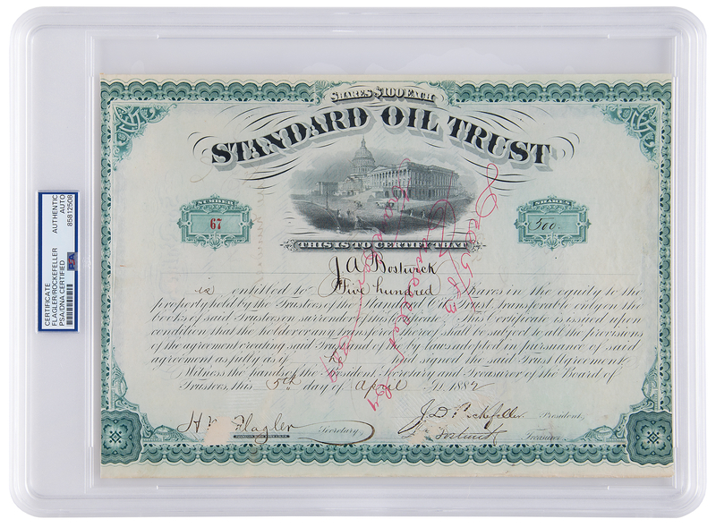 Lot 92 John D. Rockefeller, Henry Flagler, and Jabez A. Bostwick Signed Stock Certificate for Standard Oil