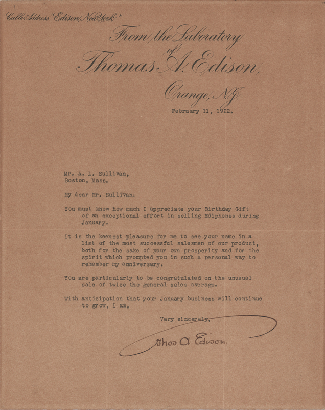 Lot 98 Thomas Edison Typed Letter Signed, Recognizing 