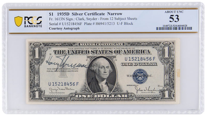 Lot 61 Harry S. Truman Signed $1 Dollar Bill - PCGS AU-53
