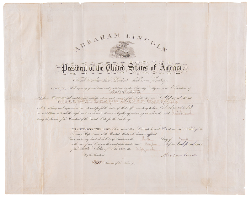 Lot 8 Abraham Lincoln Document Signed as President, Appointing a Collector of Internal Revenue