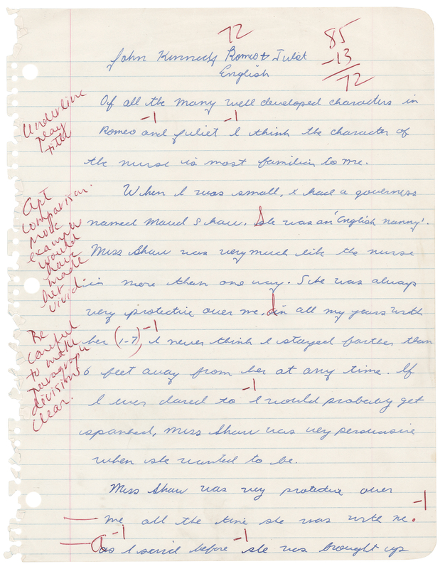 Lot 16 John F. Kennedy, Jr. Autograph Manuscript Signed - Middle School Essay on Romeo and Juliet and His White House Nanny (1974-75)