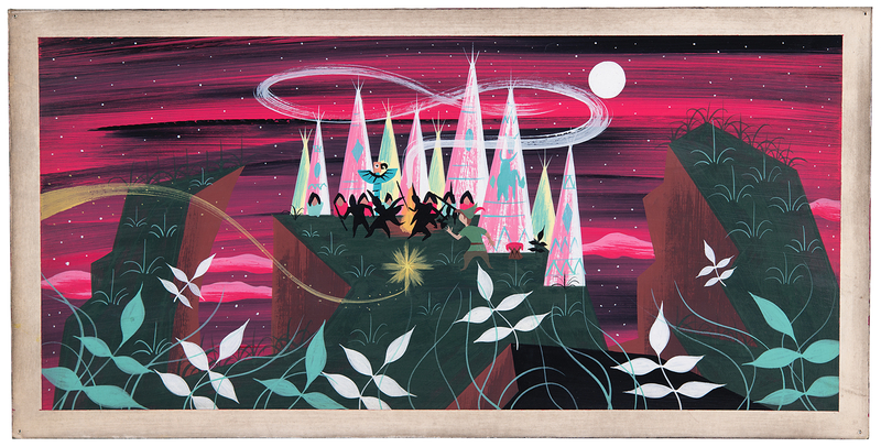 Lot 656 Mary Blair panoramic concept painting of Neverland's Native American village from Peter Pan
