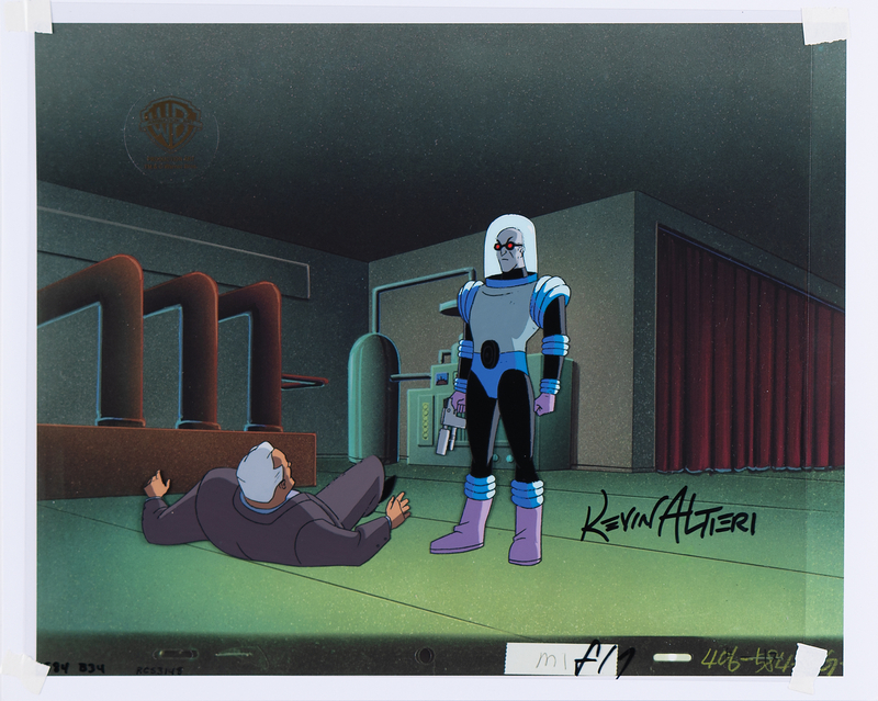 Lot 715 Mr. Freeze and Grant Walker production cel from Batman: The Animated Series - Signed by Kevin Altieri (Director)