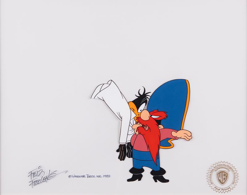 Lot 711 Friz Freleng signed production cel of Daffy Duck and Yosemite Sam from Daffy Duck's Fantastic Island