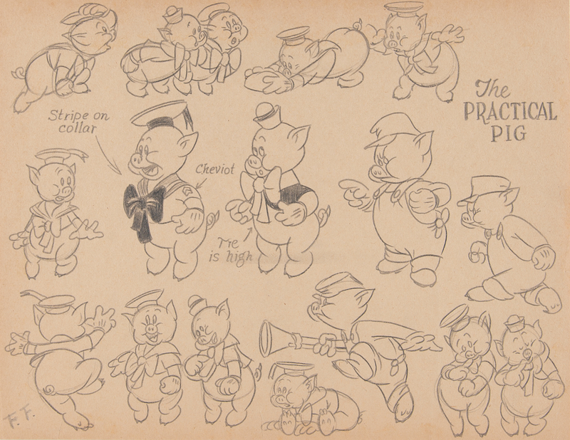 Lot 675 Frank Follmer model sheet drawing of The Three Pigs from The Practical Pig