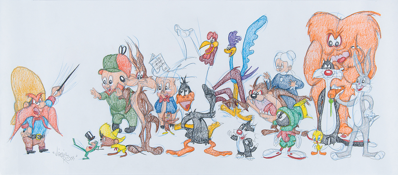 Lot 713 Virgil Ross Original Panorama Drawing of (18) Looney Tunes Characters