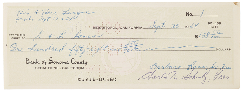 Lot 725 Charles Schulz Signed Check for an L & L Lanes Bowling League
