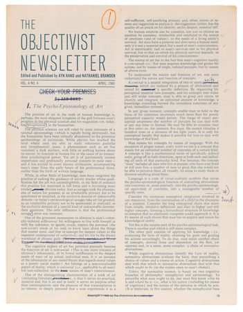 Lot #263 Ayn Rand Hand-Annotated Essay - 'The Psycho-Epistemology of Art' in The Objectivist Newsletter - Image 2