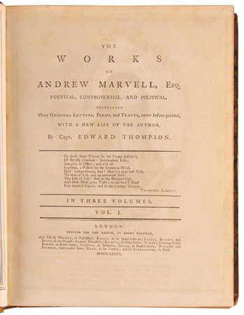Lot #306 Andrew Marvell: The Works of Andrew Marvell, Esq., Poetical, Controversial, and Political, Vol.s I–III (1776) - Image 2