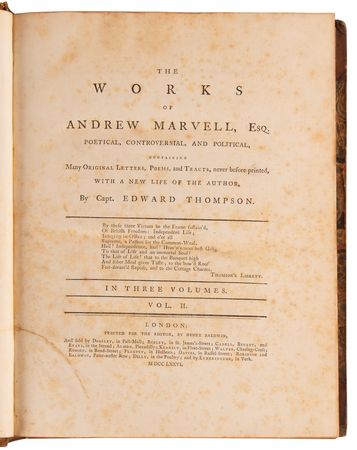 Lot #306 Andrew Marvell: The Works of Andrew Marvell, Esq., Poetical, Controversial, and Political, Vol.s I–III (1776) - Image 3