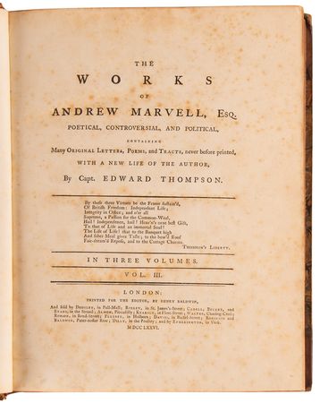 Lot #306 Andrew Marvell: The Works of Andrew Marvell, Esq., Poetical, Controversial, and Political, Vol.s I–III (1776) - Image 4