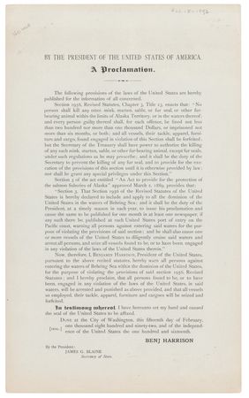 Lot #13 Benjamin Harrison Document Signed as President, Prohibiting the Hunting of Fur Seals in Alaska and Bering Sea - Image 2