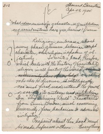 Lot #393 Leonard Bernstein Twice-Signed Autograph Manuscript on Religion: 
