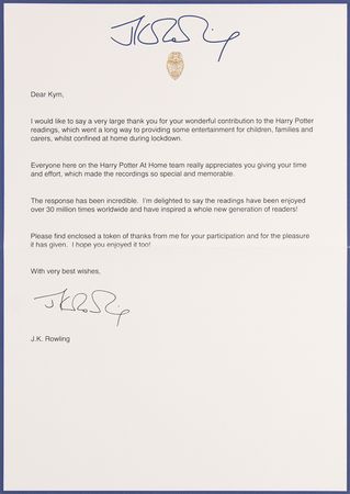 Lot #264 J. K. Rowling Signed Book (Harry Potter and the Sorcerer's Stone), with COVID-19 Lockdown Letter - Sent to One of Only Three Families Globally Selected - Image 2