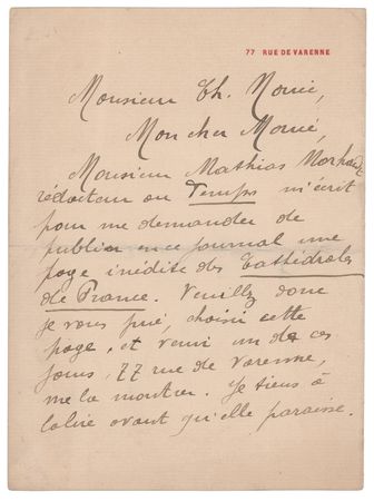 Lot #229 Auguste Rodin Autograph Letter Signed to Charles Morice, Concerning the Publication of Les Cathédrales de France in Le Temps - Image 1