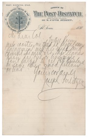 Lot #149 Joseph Pulitzer Autograph Letter Signed