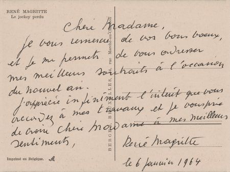 Lot #220 Rene Magritte Autograph Letter Signed on 'The Lost Jockey' Postcard - Image 2