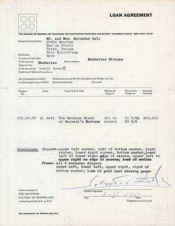 Lot #215 Salvador Dali Document Signed - Loan
