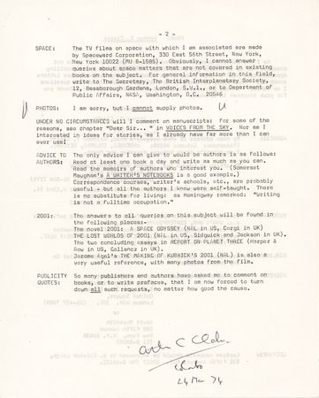 Lot #278 Arthur C. Clarke Signed Information Circular (1976) - Image 2