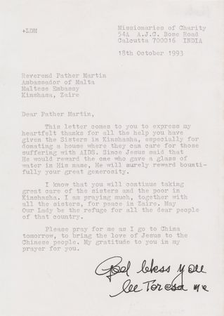 Lot #146 Mother Teresa Typed Letter Signed - I am